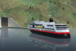 In this computer rendered image provided by the Norwegian Coastal Administration on Thursday, April 6, 2017, a ferry approaches the entrance of a tunnel for ships. Norway plans to build the world's first tunnel for ships, a 1,700-meter (5,610-feet) passageway burrowed through a piece of rocky peninsula that will allow vessels to avoid a treacherous part of sea. Construction of the Stad Ship Tunnel, which would be able to accommodate cruise and freight ships weighing up to 16,000 tons, is expected to open in 2023.