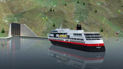 In this computer rendered image provided by the Norwegian Coastal Administration on Thursday, April 6, 2017, a ferry approaches the entrance of a tunnel for ships. Norway plans to build the world's first tunnel for ships, a 1,700-meter (5,610-feet) passageway burrowed through a piece of rocky peninsula that will allow vessels to avoid a treacherous part of sea. Construction of the Stad Ship Tunnel, which would be able to accommodate cruise and freight ships weighing up to 16,000 tons, is expected to open in 2023.