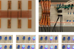 Duke University researchers have developed a new 'spray-on' digital memory (upper left) that could be used to build programmable electronic devices on flexible materials like paper, plastic or fabric. To demonstrate a simple application of their device, they used their memory to program different patterns of four LED lights in a simple circuit.