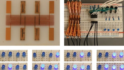 Duke University researchers have developed a new 'spray-on' digital memory (upper left) that could be used to build programmable electronic devices on flexible materials like paper, plastic or fabric. To demonstrate a simple application of their device, they used their memory to program different patterns of four LED lights in a simple circuit.