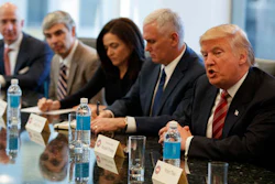 President Donald Trump speaks during a meeting with technology industry leaders at Trump Tower in New York, Wednesday, Dec. 14, 2016. From left are, Amazon founder Jeff Bezos, Alphabet CEO Larry Page, Facebook COO Sheryl Sandberg, Vice President-elect Mike Pence, and Trump.