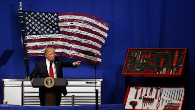 President Donald Trump speaks at Snap-On Tools, Tuesday, April 18, 2017, in Kenosha, Wis.