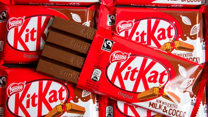 A four finger KitKat bar is photographed in London Wednesday May 17, 2017. A court on Wednesday May 17, 2017 rejected an attempt by Nestle to trademark the distinctive four-fingered shape of the KitKat chocolate bar in Britain.