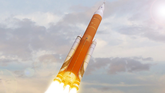 This undated image made available by NASA shows an artist's rendering of the Space Launch System. Still in development, the super-sized rocket is meant to eventually send astronauts to Mars. On Friday, May 12, 2017, NASA said its 2019 test flight will fly without a crew.