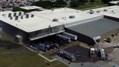 An aerial view of the fire at Mars Co. in Waco, TX.
