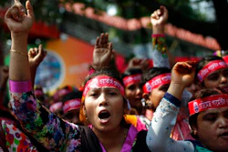 Bangladeshi garment workers shout slogans as they participate in a May Day rally in Dhaka, Bangladesh, Monday, May 1, 2017. Thousands of workers and activists marched during International Workers Day demanding higher wages and better work conditions.