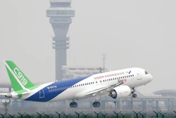 A Chinese-made C919 passenger jet takes off on its first flight at Pudong International Airport in Shanghai, Friday, May 5, 2017. The first large Chinese-made passenger jetliner took off on its maiden test flight, a symbolic milestone in China's long-term goal to break into the Western-dominated aircraft market.