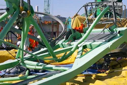 A part of a collapsed crane is seen fallen on the ground at Samsung Heavy Industries' shipyard on Geoje Island, South Korea, Monday, May 1, 2017. Samsung Heavy Industries say a crane has collapsed at its shipyard in South Korea, killing several workers and injuring many more.