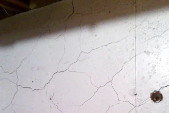In this April 11, 2017 photo, numerous cracks run through a basement wall of Tim Heim's home in Willington, Conn. Home foundations in a part of the state are failing because of the presence of the mineral pyrrhotite in the concrete, and a growing number of homeowners are seeking financial relief from their town.