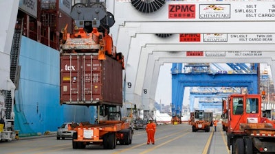 In this Oct. 24, 2016, photo, a container is unloaded from a ship at the Port of Baltimore in Baltimore. On Thursday, May 4, 2017, the Commerce Department reports on the U.S. trade gap for March.