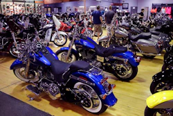 In this Monday, April 24, 2017, photo, Harley-Davidson motorcycles are displayed on the showroom floor at the Motorcycles of Manchester dealership in Manchester, N.H. On Friday, May 26, 2017, the Commerce Department releases its April report on durable goods.