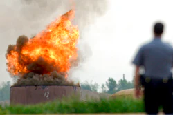 An oil tank burns after an explosion at a tank battery owned by Anadarko near the Grand View Estates neighborhood in Weld County on Thursday, May 25, 2017 in Mead, Colo. The fatal oil tank battery fire in northern Colorado appears to be unrelated to a nearby home explosion last month caused by a leaky gas line.