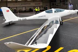 The solar-powered plane SolarStratos sits at the tarmac at the airbase in Payerne, Switzerland, before its maiden flight Friday, May 5, 2017. The main goal of the SolarStratos Mission project by Swiss adventurer Raphael Domjan, is to be the first solar flight ever climbing to 75'000 feet - a stratospheric flight.