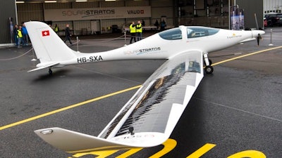 The solar-powered plane SolarStratos sits at the tarmac at the airbase in Payerne, Switzerland, before its maiden flight Friday, May 5, 2017. The main goal of the SolarStratos Mission project by Swiss adventurer Raphael Domjan, is to be the first solar flight ever climbing to 75'000 feet - a stratospheric flight.