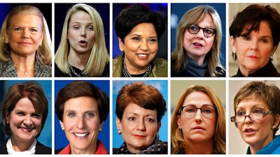 This photo combination of images shows the 10 highest paid women CEOs in 2016, according to a study carried out by executive compensation data firm Equilar and The Associated Press. Top row, from left: IBM CEO Virginia Rometty; Yahoo CEO Marissa Mayer; PepsiCo CEO Indra Nooyi; General Motors CEO Mary Barra, and General Dynamics CEO Phebe Novakovic. Bottom row, from left: Lockheed Martin CEO Marillyn Hewson; Mondelez International CEO Irene Rosenfeld; Duke Energy CEO Lynn Good; Mylan CEO Heather Bresch; and Reynolds American CEO Susan Cameron.