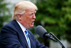 President Donald Trump speaks in the Kennedy Garden of the White House in Washington, Monday, May 1, 2017, to the Independent Community Bankers Association.
