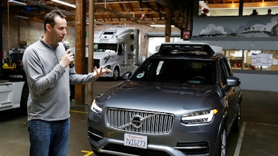 In this Dec. 13, 2016, file photo, Anthony Levandowski, head of Uber's self-driving program, speaks about their driverless car in San Francisco. In an order filed Monday, May 15, 2017, a federal judge ordered Uber to stop using technology that Levandowski downloaded before he left Waymo, the Alphabet Inc. autonomous car arm that was spun off from Google. The order filed Monday in a trade secrets theft lawsuit also forces Uber to return all downloaded materials.