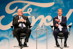 In this Monday, May 22, 2017, file photo, Bill Ford Jr., right, executive chairman of Ford Motor Company, introduces Jim Hackett as CEO, in Dearborn, Mich. Hackett and Ford spoke to The Associated Press about the carmaker's plans to transform itself under new leadership and fix recent quality problems.