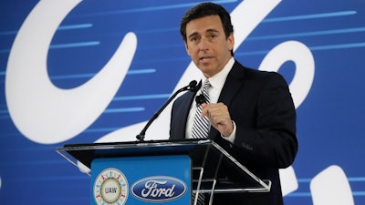 In this Jan. 3, 2017 file photo, Ford President and CEO Mark Fields addresses the Flat Rock Assembly in Flat Rock, Mich. Ford is replacing its CEO amid questions about its current performance and future strategy, a person familiar with the situation has said. Fields will be replaced by Jim Hackett, who joined Ford's board in 2013.