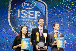 Amber Yang (from left), Ivo Zell and Valerio Pagliarino take the stage on Friday, May 19, 2017, at the 2017 International Science and Engineering Fair.