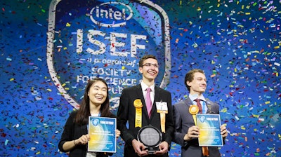 Amber Yang (from left), Ivo Zell and Valerio Pagliarino take the stage on Friday, May 19, 2017, at the 2017 International Science and Engineering Fair.
