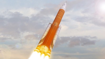 This undated image made available by NASA shows an artist's rendering of the Space Launch System. Still in development, the super-sized rocket is meant to eventually send astronauts to Mars. On Friday, May 12, 2017, NASA said its 2019 test flight will fly without a crew.
