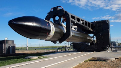 This photo supplied by Rocket Lab, shows the Electron rocket maneuvers to the launch pad on the Mahia Peninsula in the North Island of New Zealand, Thursday, May 25, 2017. California-based company Rocket Lab said Thursday it had launched a test rocket into space from its New Zealand launch pad, although the rocket didn’t reach orbit as hoped.