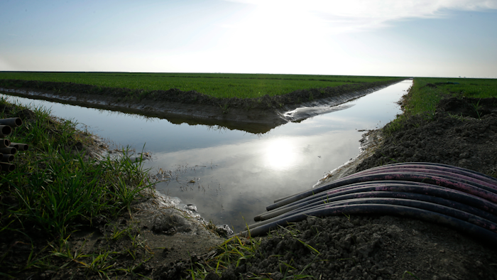 In this Feb. 25, 2016, file photo, water flows through an irrigation canal to crops near Lemoore, Calif. The federal regulators evaluating Gov. Jerry Brown's decades-old ambitions to re-engineer the water supplies from California's largest river are promising a status update Monday, June 26, 2017, as Brown's $16 billion proposal to shunt part of the Sacramento through two mammoth tunnels awaits a crucial yes or no from national agencies.