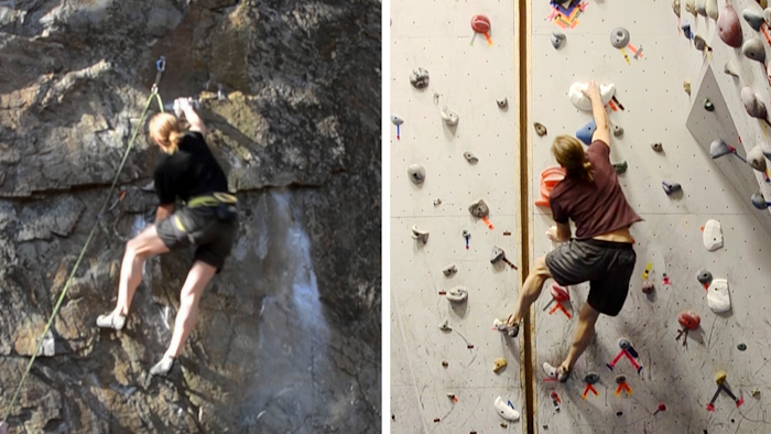 In this combo of images from video provided by Dartmouth College, a climber ascends an outdoor rock face, left, on Dec. 12, 2015 in Rumney, N.H., and another climber ascends a replica indoor climbing wall, right, on Jan. 16, 2016, in Hanover, N.H. Using three-dimensional geometry, the three-dimensional replica of the rock wall was created by tracking a climber's hand and foot positions and by estimating the contact forces.