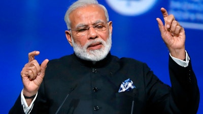 In this June 2, 2017, file photo Indian Prime Minister Narendra Modi speaks in St. Petersburg, Russia. The Trump administration is set to authorize the sale of surveillance drones to India as the two nations' leaders prepare for their first face-to-face meeting on June 26. That's according to a congressional aide and an industry representative speaking to The Associated Press.