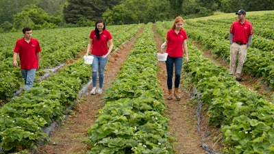 In this Tuesday, May 23, 2017, photo, from left, teens Ben Testa, Hannah Waring and Abby McDonough, and Wegmeyer Farms owner Tyler Wegmeyer walk the strawberry rows at Wegmeyer Farms in Hamilton, Va. Testa, Waring, and McDonough are working at Wegmeyer Farms for the summer. Summer jobs are vanishing as U.S. teens spend more time in school and face competition from older workers.