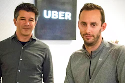 In this Thursday, Aug. 18, 2016, file photo, then-Uber CEO Travis Kalanick, left, and Anthony Levandowski, co-founder of Otto, pose for a photo in the lobby of Uber headquarters, in San Francisco. In a court filing on Thursday, June 22, 2017, Uber said it hired Levandowski, a former Google engineer now accused of stealing trade secrets, even though the company knew at the time that he had information that didn't belong to him. Uber hired Levandowski in August 2016 to head Uber's project on self-driving cars, something he worked on at Google. Uber is asserting that Kalanick told Levandowski not to bring the material with him and that Levandowski assured the company that he had destroyed the five discs containing Google information. Uber recently fired Levandowski.