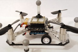 A quadcopter drone with wheels.