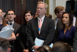 Alphabet Inc Executive Chairman Eric Schmidt, center, listens as White House senior adviser Jared Kushner speaks at the opening session of the White House meeting with technology Chief Executive Officers to mark 'technology week,' Monday, June 19, 2017, in the Indian Treat Room of the Eisenhower Executive Office Building on the White House complex in Washington. The White House Office of American Innovation is hosting a series of working sessions to generate ideas to transform and modernize Government Services.