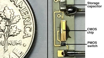 The internal components of a battery-less pacemaker introduced this week by Rice University and the Texas Heart Institute. The pacemaker can be inserted into the heart and powered by a battery pack outside the body, eliminating the need for wire leads and surgeries to occasionally replace the battery.