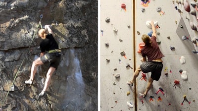 In this combo of images from video provided by Dartmouth College, a climber ascends an outdoor rock face, left, on Dec. 12, 2015 in Rumney, N.H., and another climber ascends a replica indoor climbing wall, right, on Jan. 16, 2016, in Hanover, N.H. Using three-dimensional geometry, the three-dimensional replica of the rock wall was created by tracking a climber's hand and foot positions and by estimating the contact forces.