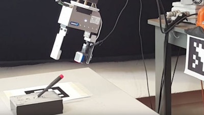 A GelSight sensor attached to a robot's gripper enables the robot to determine precisely where it has grasped a small screwdriver, removing it from and inserting it back into a slot, even when the gripper screens the screwdriver from the robot's camera.