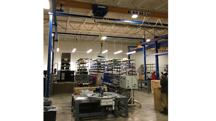 NOMAD Free Standing Cranes enable WEISS operators to easily move rotary indexing chassis components between workstations during assembly.