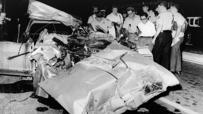 This June 29, 1967, file photo shows the mangled car that actress Jayne Mansfield died in after colliding with a truck, on Route 90 outside of New Orleans. Fifty years after Mansfield car slammed underneath a tractor-trailer, auto safety advocates say hundreds of similar deaths annually could be prevented by guard rails mounted beneath trucks. New York Sen. Charles Schumer has called on federal regulators to require truck underride guards after two cars skidded under a jackknifed milk tanker in northern New York earlier this month.