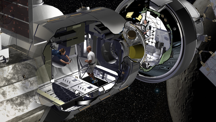 Lockheed Martin artist rendering of the NextSTEP habitat docked with Orion in cislunar orbit as part of a concept for the Deep Space Gateway. Orion will serve as the habitat’s command deck in early missions, providing critical communications, life support and navigation to guide long-duration missions.