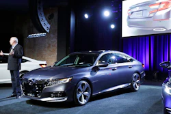 Jeff Conrad, senior vice president of the Automobile Division of American Honda Motor Co., addresses the media during the introduction of the 2018 Honda Accord, Friday, July 14, 2017, in Detroit. The 10th-generation Accord features the world's first 10-speed automatic transmission for a front-drive car and a new generation of Honda's two-motor hybrid technology.
