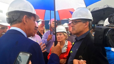 Energy Secretary Rick Perry, right, talks with Sen. Joe Manchin, D-W.Va., left, and Sen. Shelley Moore Capito, R-W.Va. outside the coal-burning Longview Power Plant in Maidsville, W.Va., Thursday, July 6, 2017.