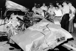 This June 29, 1967, file photo shows the mangled car that actress Jayne Mansfield died in after colliding with a truck, on Route 90 outside of New Orleans. Fifty years after Mansfield car slammed underneath a tractor-trailer, auto safety advocates say hundreds of similar deaths annually could be prevented by guard rails mounted beneath trucks. New York Sen. Charles Schumer has called on federal regulators to require truck underride guards after two cars skidded under a jackknifed milk tanker in northern New York earlier this month.