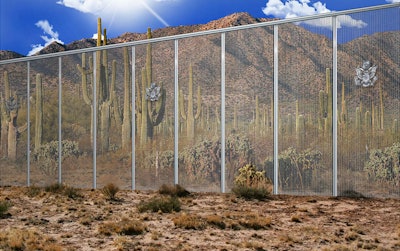 In this artistic rendering provided by the Fort Worth contracting company Penna Group shows a proposed to wall along the United States' southern border with Mexico. The Trump administration said Thursday, July 27, 2017, that prototypes for a proposed border wall with Mexico have been delayed until November because two companies, WNIS and Penna Group, have objected to the bidding process.