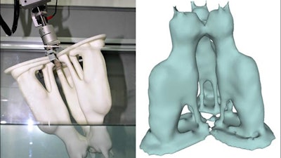 3-D scanning using Dip Transform. The object is dipped in water (left) using a robot arm, acquiring a dip transform by which the object is reconstructed (right). The team's method produces a complete reconstruction of the complex shape, including its hidden and inner regions.