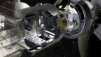 Lockheed Martin artist rendering of the NextSTEP habitat docked with Orion in cislunar orbit as part of a concept for the Deep Space Gateway. Orion will serve as the habitat’s command deck in early missions, providing critical communications, life support and navigation to guide long-duration missions.