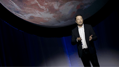 In this Sept. 27, 2016 file photo, SpaceX founder Elon Musk speaks during the 67th International Astronautical Congress in Guadalajara, Mexico. On Wednesday, July 19, 2017, Musk said the first launch of its big new rocket, the Falcon Heavy, is risky and stands “a real good chance” of failure.