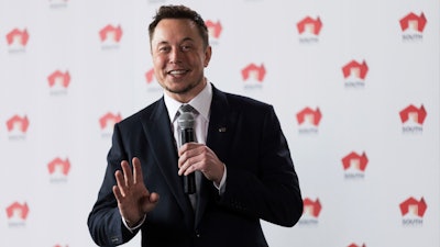 Tesla CEO Elon Musk talks about the development of the worlds biggest lithium-ion battery in Adelaide, Australia, Friday, July 7, 2017. Tesla will partner with French renewable energy company Neoen to build the 100-megawatt battery farm in South Australia state.