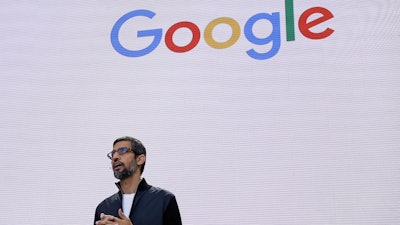 In this file photo dated May 17, 2017, file photo, Google CEO Sundar Pichai delivers the keynote address for the Google I/O conference in Mountain View, Calif. Pichai has canceled an internal town hall meant to address gender discrimination on Thursday, Aug. 10, after employee questions for management began to leak online from the company’s internal messaging service.