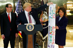 President Donald Trump, accompanied by Transportation Secretary Elaine Chao and Treasury Secretary Steven Mnuchin, holds a flowchart of highway projects as he speaks to the media in the lobby of Trump Tower in New York, Tuesday, Aug. 15, 2017.
